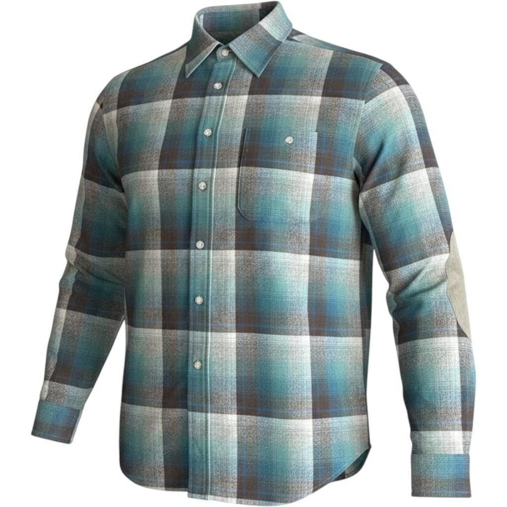 Pendleton Wool Flannel Shirt Mens L Teal Ombre Plaid Elbow Patch Vtg USA Made